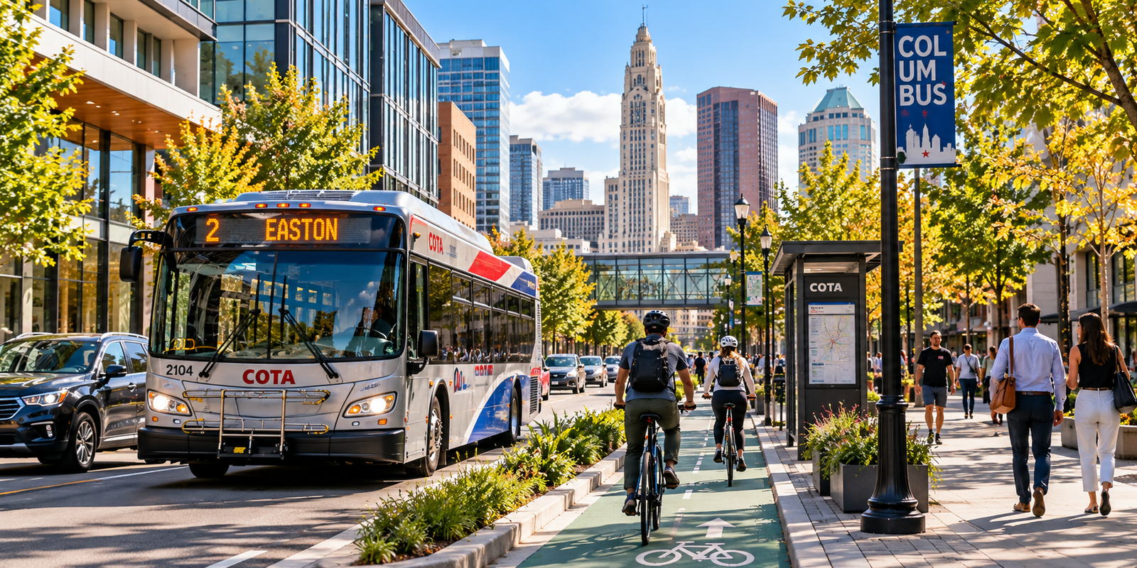 Illustrative street scene showing everyday transportation in Columbus, Ohio