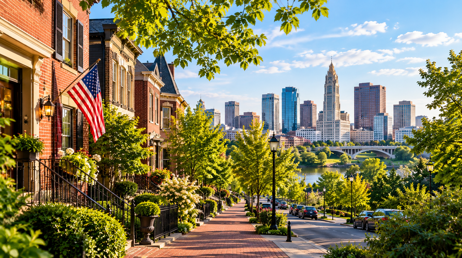Illustrative view of Columbus neighborhoods with historic homes, greenery and a city skyline