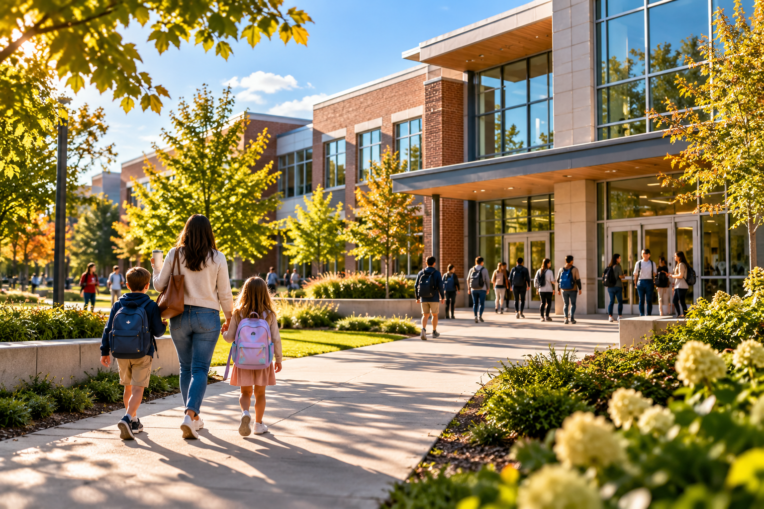 Illustration of students and families arriving at a school campus