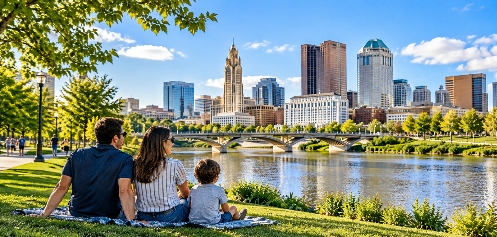 Illustrative view of a family enjoying the Columbus riverfront