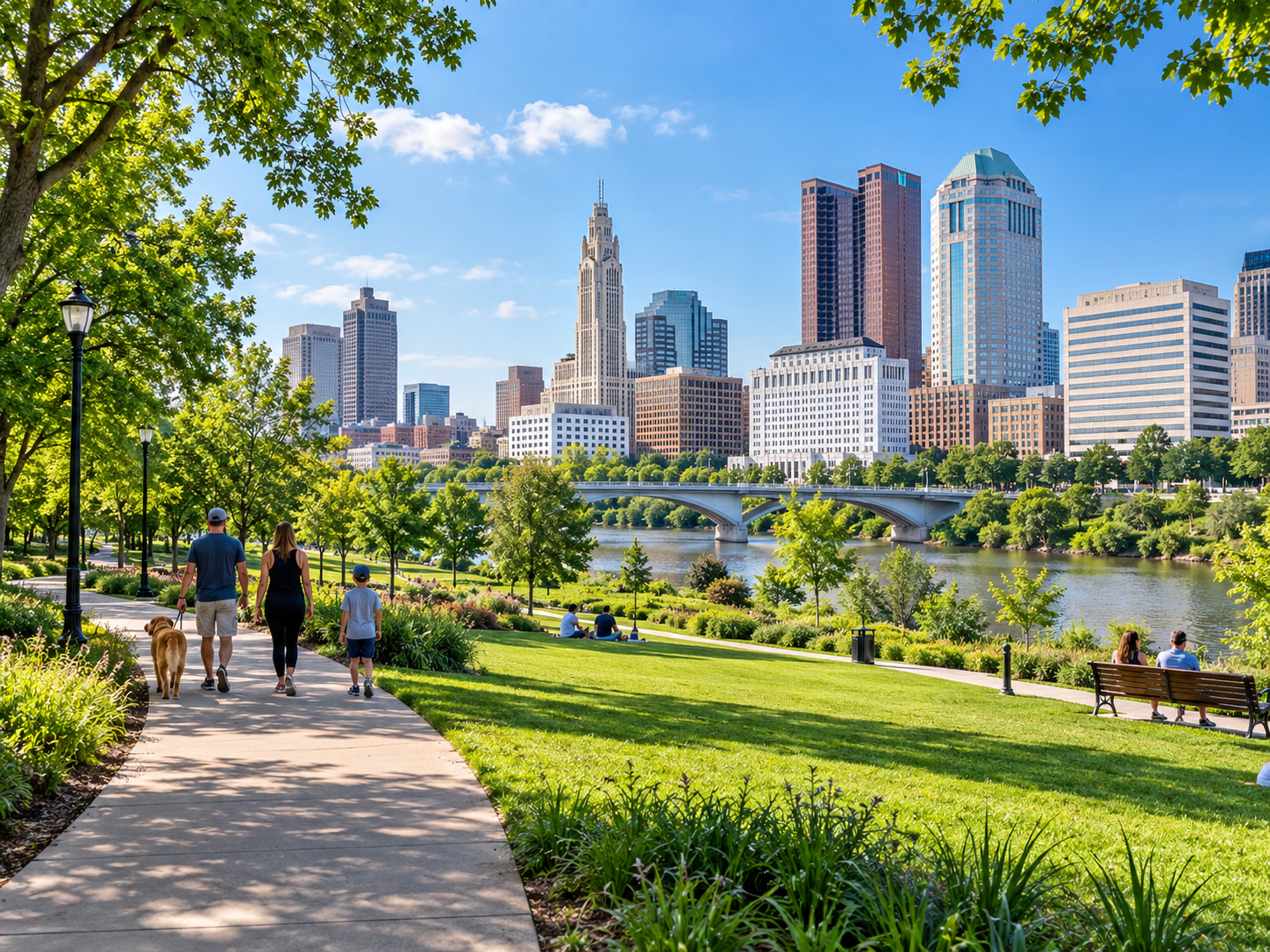 Illustrative view of a green residential area in Columbus