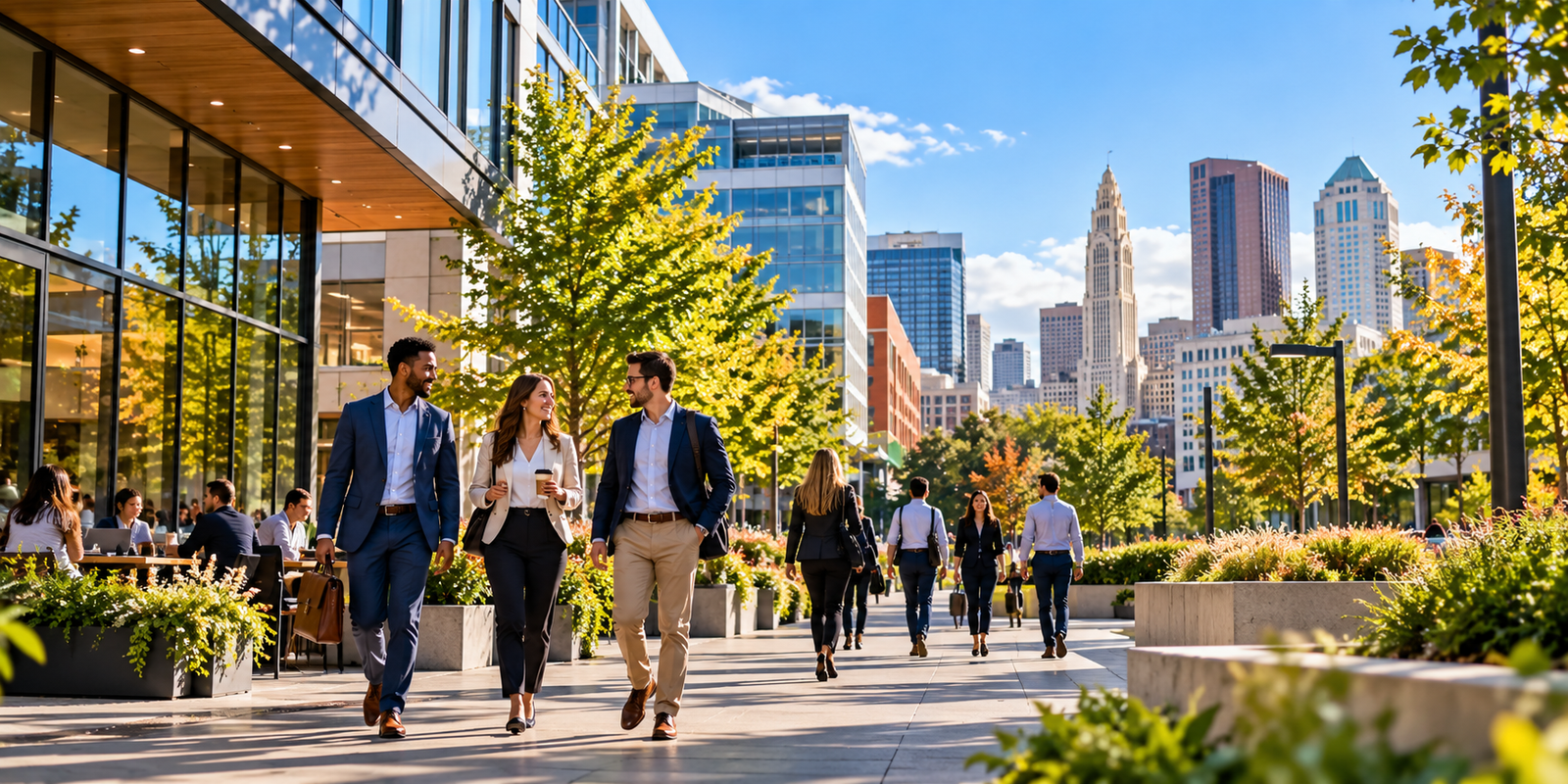 Illustrative scene of professionals walking through a modern urban employment district