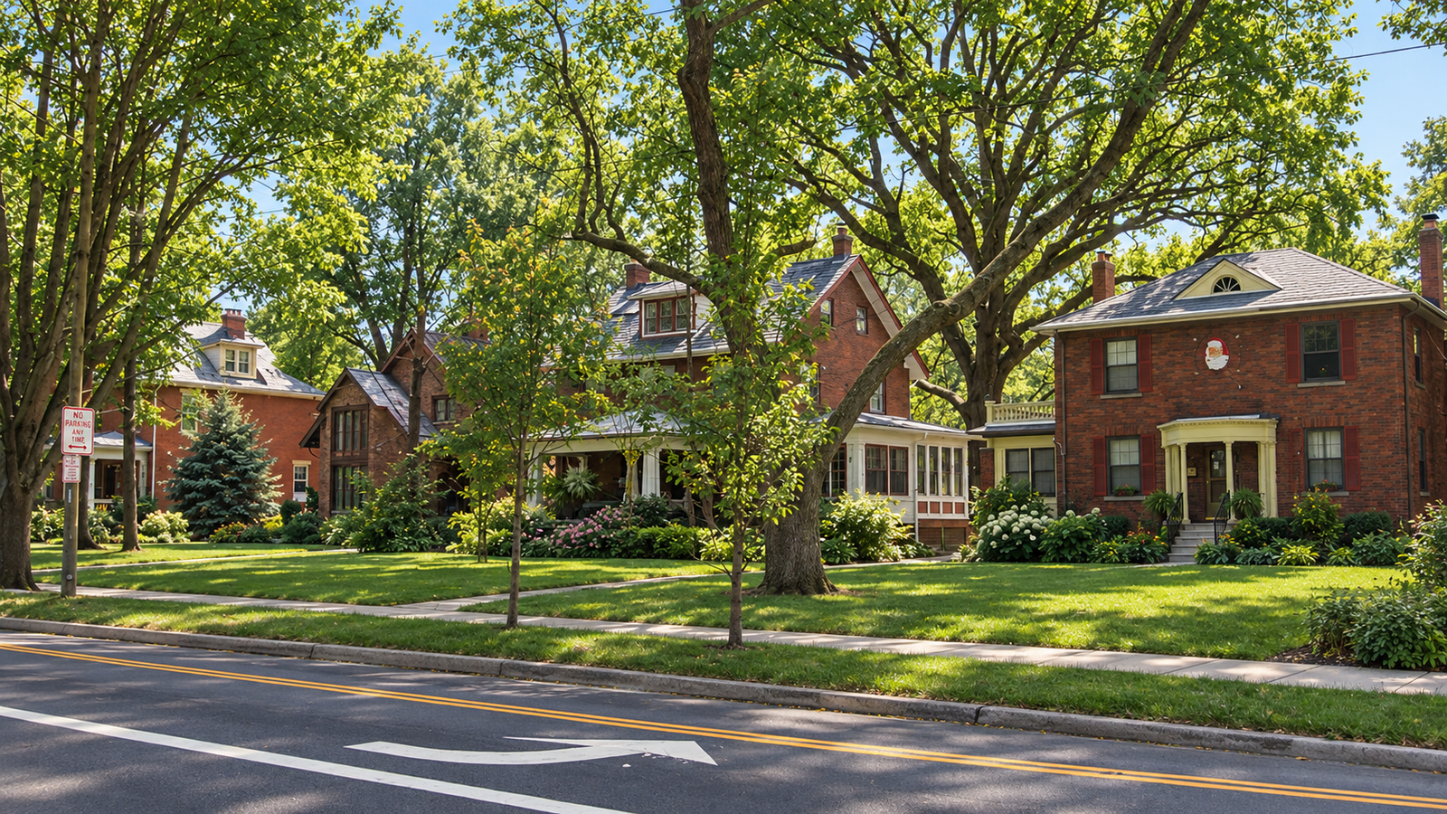 AI-enhanced summer view of historic homes along North Broadway in Clintonville, Columbus