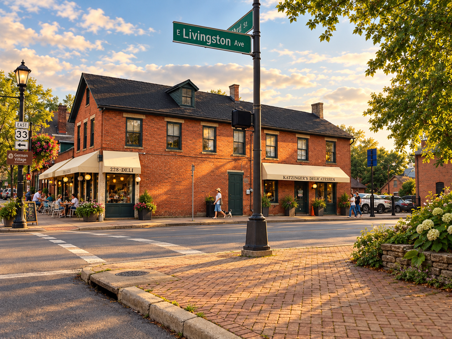 AI-enhanced view of historic brick storefronts in German Village, Columbus, Ohio