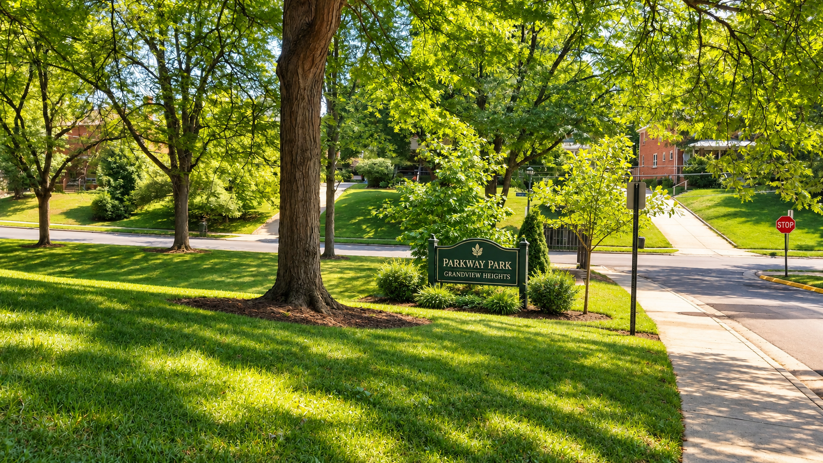 AI-enhanced view of Parkway Park and surrounding residential streets in Grandview Heights, Ohio