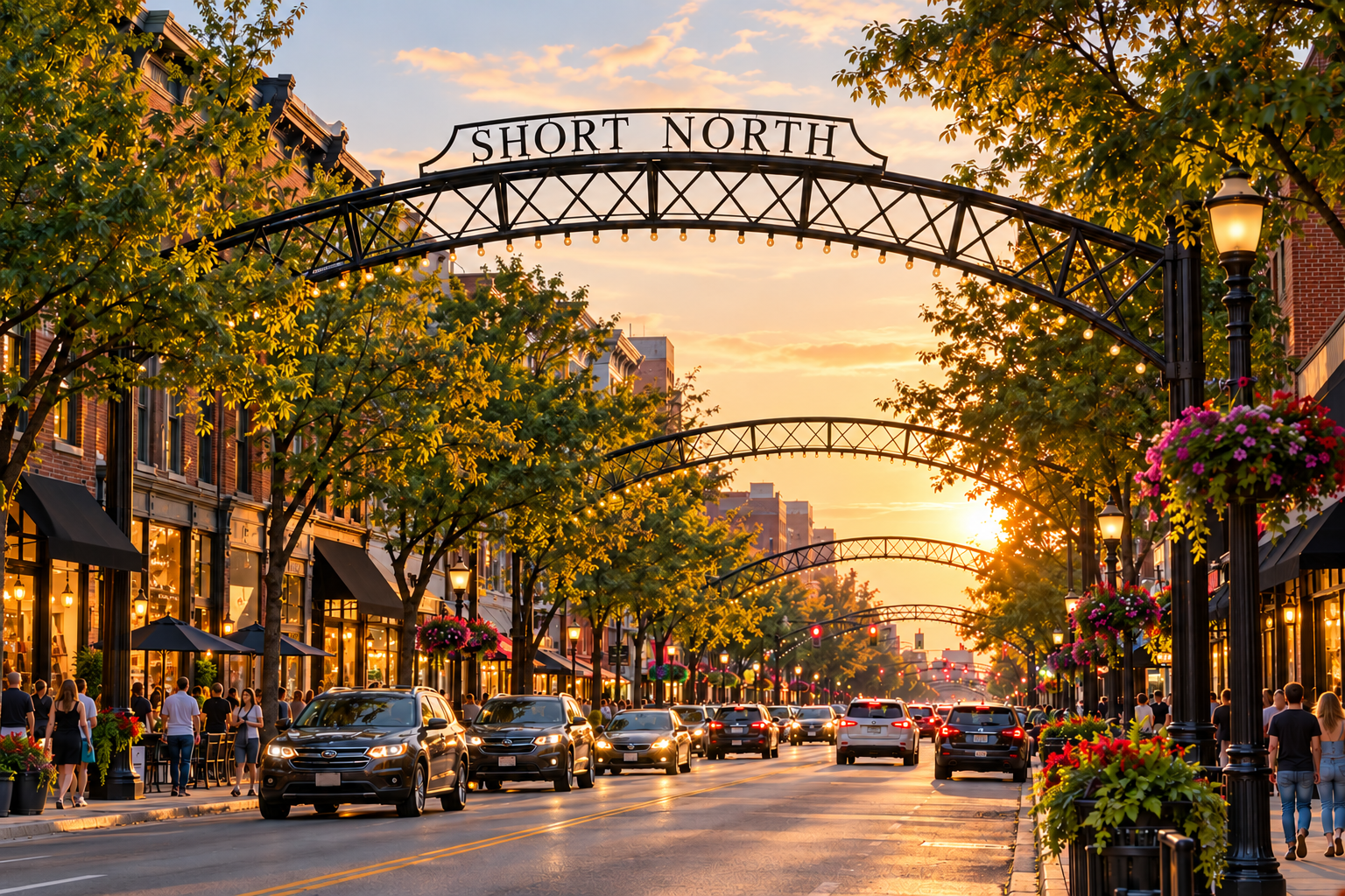 AI-enhanced illustration of the Short North arches over a lively Columbus arts district street